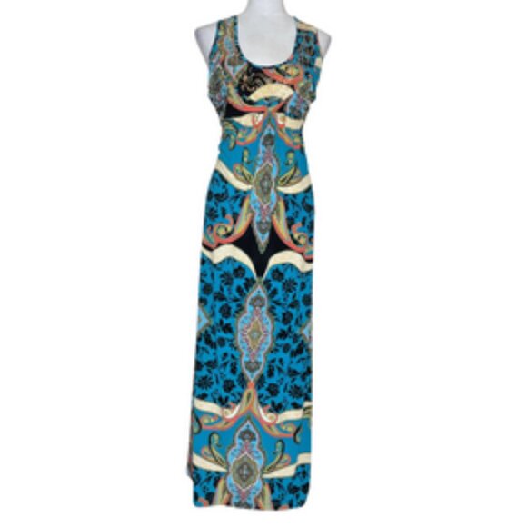 One World Women's Embellished Multicolor Maxi Dress Boho Dark Paisley Sz Medium - Picture 1 of 10